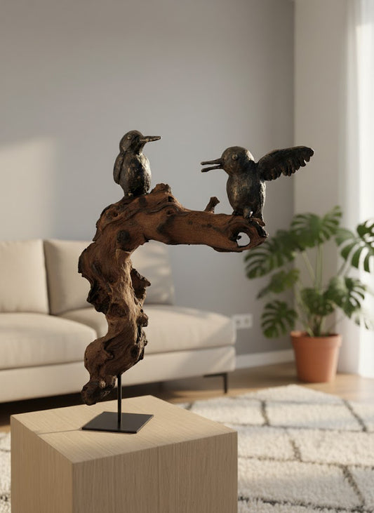 Hout met beeldjes van ijsvogels "Vleugels van vertrouwen"